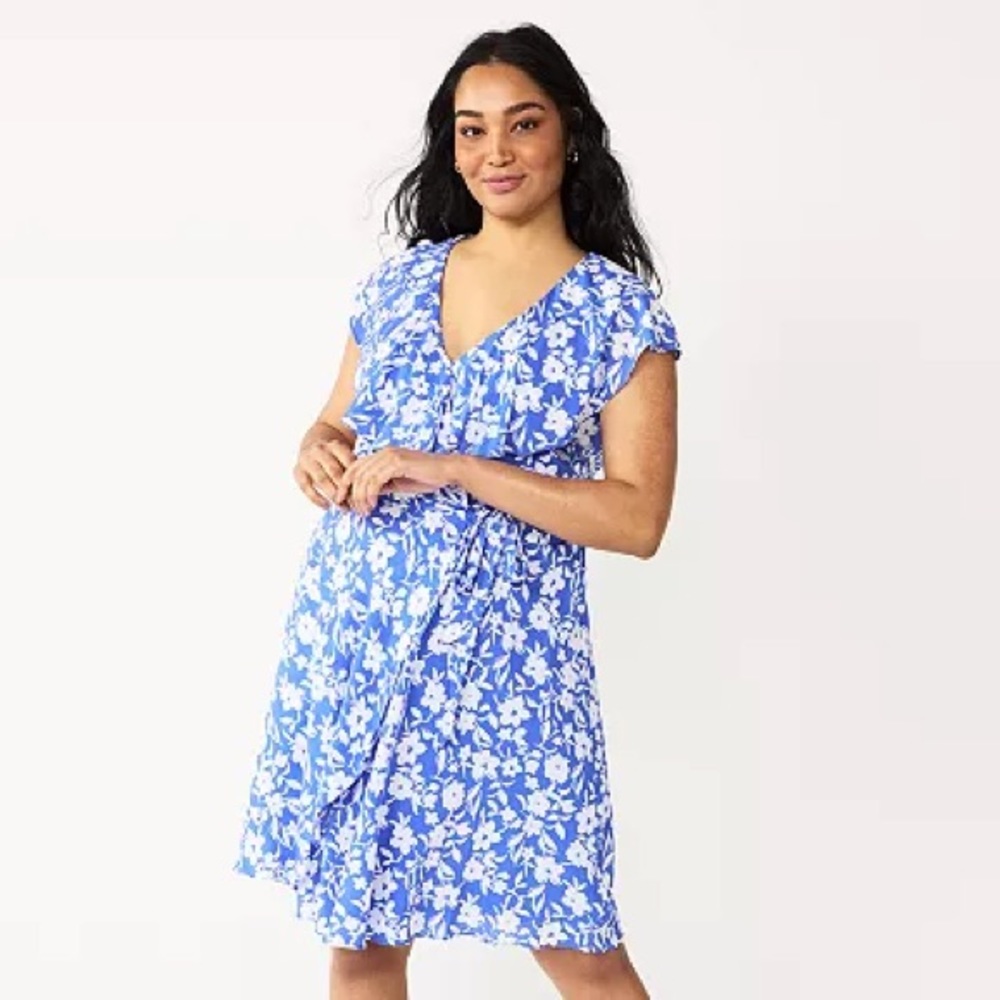 Blue White Floral Ruffle Wrap Dress
